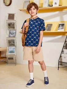 SHEIN Tween Boy Collared Graphic Print Short Sleeve Knit Polo - Blue - View 7