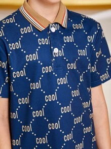 SHEIN Tween Boy Collared Graphic Print Short Sleeve Knit Polo - Blue - View 8