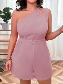 Celure 大碼單肩鏤空腰帶連身短褲 - 藕粉色 - 查看 1