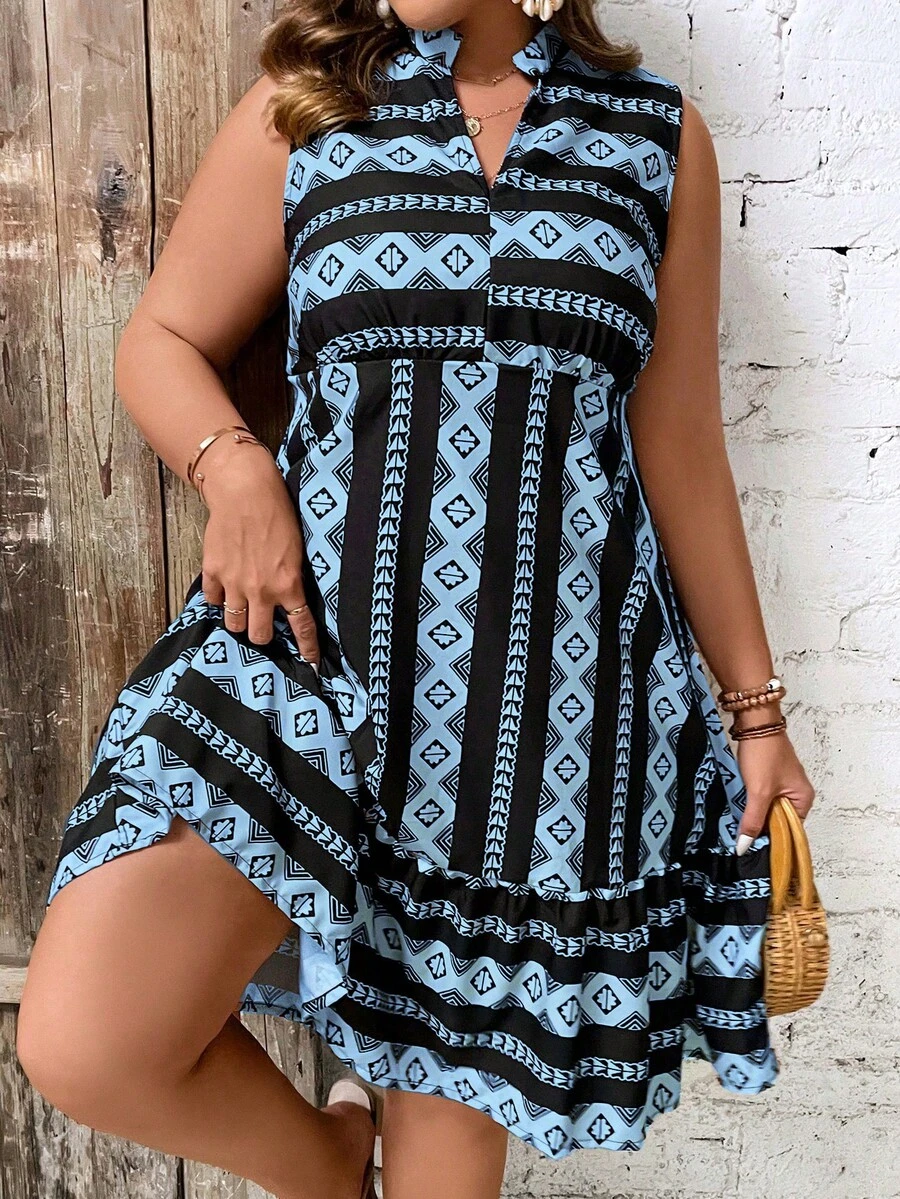 SHEIN LUNE Hơn In Địa lý Cổ có Lỗ hổng Xù Hoa Sen Đầm - Màu xanh lam - Xem 1