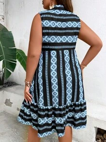 SHEIN LUNE Hơn In Địa lý Cổ có Lỗ hổng Xù Hoa Sen Đầm - Màu xanh lam - Xem 2