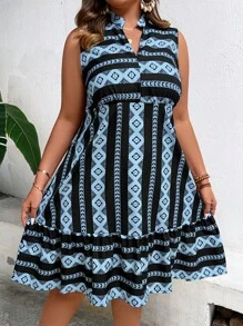 SHEIN LUNE Hơn In Địa lý Cổ có Lỗ hổng Xù Hoa Sen Đầm - Màu xanh lam - Xem 3