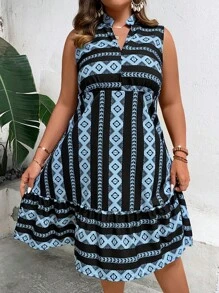 SHEIN LUNE Hơn In Địa lý Cổ có Lỗ hổng Xù Hoa Sen Đầm - Màu xanh lam - Xem 5