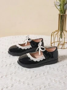 女孩蝴蝶結裝飾貝殼邊魔術貼瑪麗珍女鞋鞋適用於戶外 - 黑色 - 查看 3