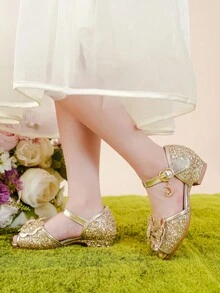 Girls Rhinestone & Bow Decor Glitter Chunky Heeled Ankle Strap Sandals For Summer - Gold - View 4