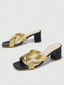 金屬質感光澤度粗跟女性涼鞋 - 金色 - 查看 3