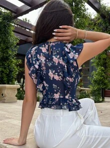 SHEIN Áo sơ mi nữ Cắt ra Xù Hoa Tất cả trên in Boho - Xanh đậm - Xem 2