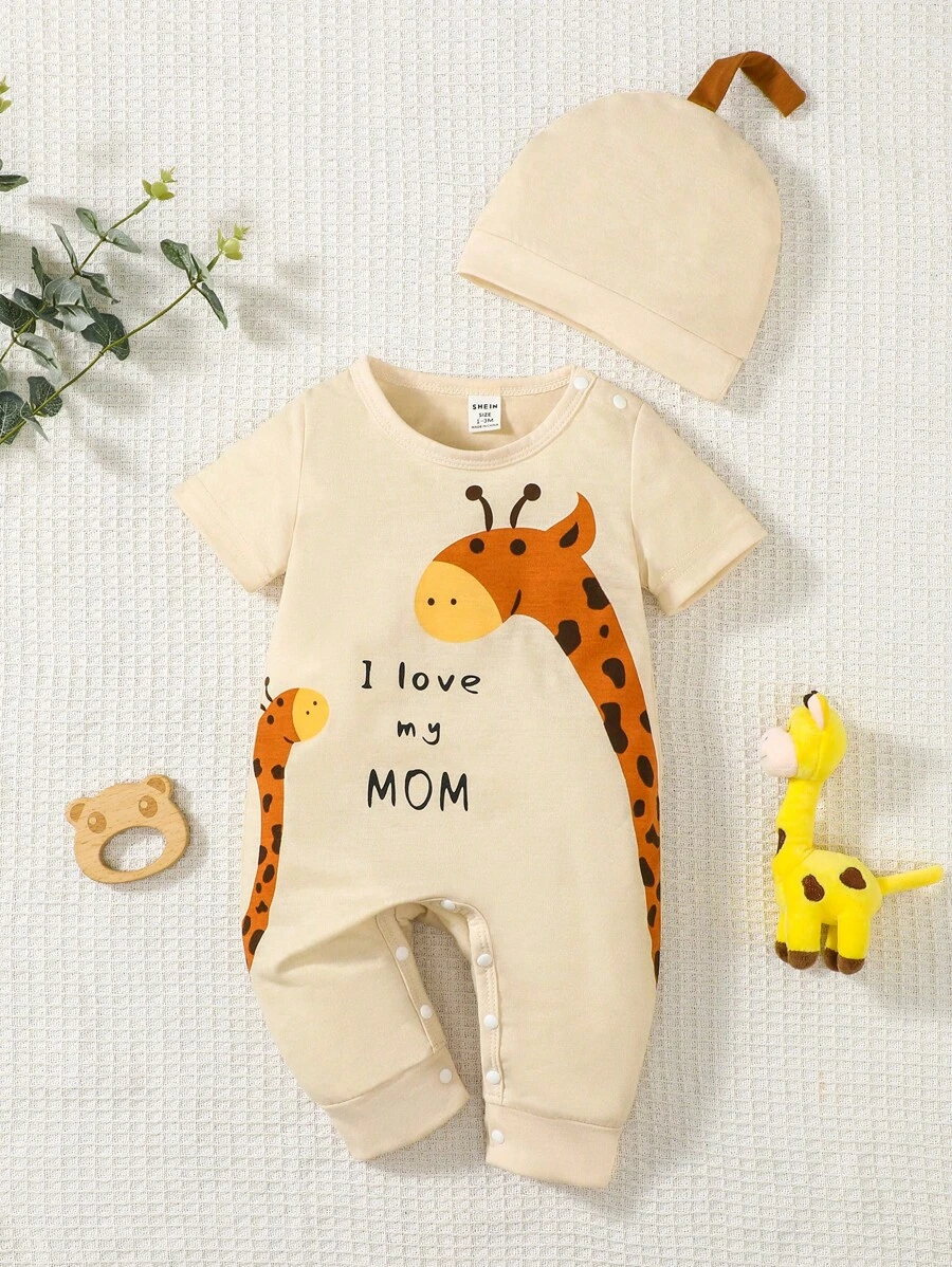 Đứa bé trai Hươu cao cổ & Đồ họa Khẩu hiệu Áo liền quần & Mũ - Màu be - Xem 1