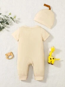 Đứa bé trai Hươu cao cổ & Đồ họa Khẩu hiệu Áo liền quần & Mũ - Màu be - Xem 2