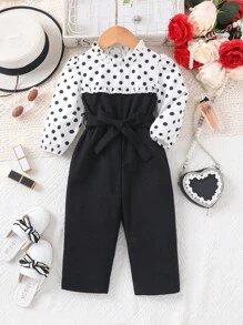 Áo liền quần Em bé Nút viền lá sen Khối Màu Chấm bi - Đen và trắng - Xem 1