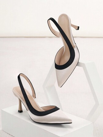 女性撞色滾邊高跟鞋,優雅緞面尖頭酒杯高跟后提帶高跟單鞋適用於戶外