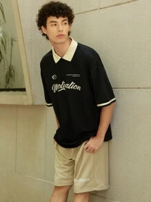 Manfinity Hypemode Loose Fit Men's Letter Graphic Contrast Collar Polo Shirt - Black - View 3