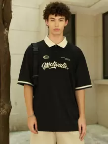 Manfinity Hypemode Loose Fit Men's Letter Graphic Contrast Collar Polo Shirt - Black - View 4