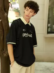 Manfinity Hypemode Loose Fit Men's Letter Graphic Contrast Collar Polo Shirt - Black - View 1