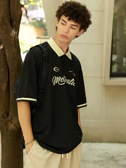 Manfinity Hypemode 宽松男士字母图案撞色领 Polo 衫