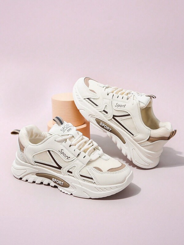 Women Breathable Letter Graphic Lace Up Chunky Sneakers, Sporty Outdoor Sneakers