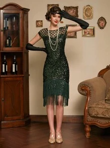 女士1920年代流蘇邊鑲嵌修身連身裙 - 綠色 - 查看 1