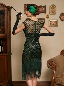 女士1920年代流蘇邊鑲嵌修身連身裙 - 綠色 - 查看 2
