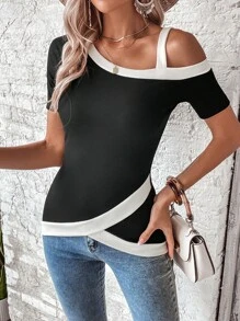 SHEIN Clasi Áo thun nữ Bất đối xứng Khối Màu Giải trí - màu đen - Xem 5