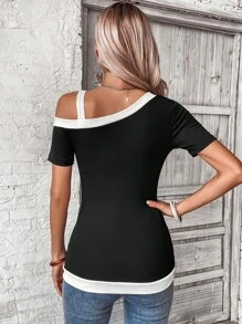SHEIN Clasi Áo thun nữ Bất đối xứng Khối Màu Giải trí - màu đen - Xem 2