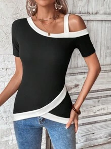 SHEIN Clasi Áo thun nữ Bất đối xứng Khối Màu Giải trí - màu đen - Xem 3