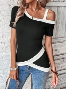SHEIN Clasi Áo thun nữ Bất đối xứng Khối Màu Giải trí - màu đen - Xem 4