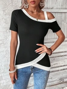 SHEIN Clasi Áo thun nữ Bất đối xứng Khối Màu Giải trí - màu đen - Xem 6