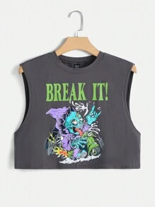 SHEIN EZwear Letter & Cartoon Graphic Tank Top - Dark Grey - View 1