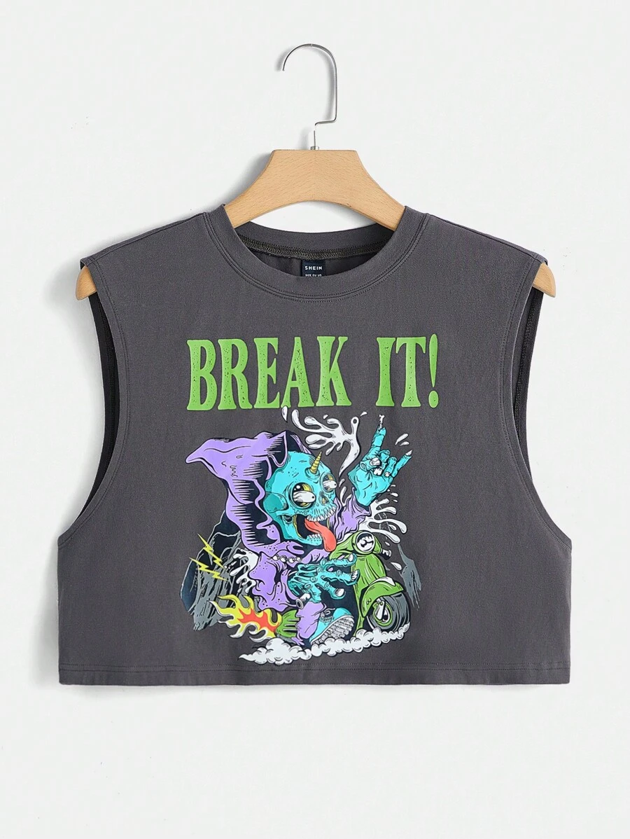 SHEIN EZwear Letter & Cartoon Graphic Tank Top - Dark Grey - View 1