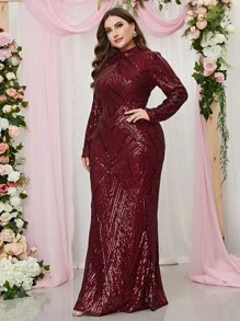Plus Mock Neck Sequin Formal Dress - Burgundy - View 5