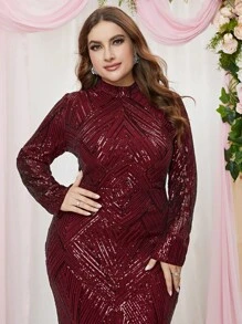 Plus Mock Neck Sequin Formal Dress - Burgundy - View 6