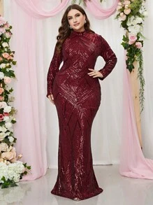 Plus Mock Neck Sequin Formal Dress - Burgundy - View 8