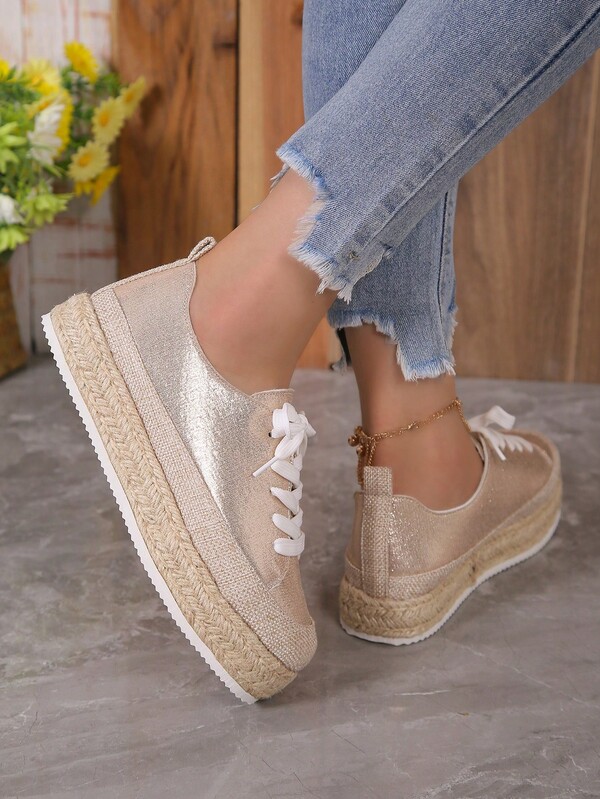 Women Espadrille Lace Up Casual Shoes, Vacation Outdoor Gold Skate Shoes SHEIN USA