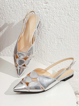 女性隨機金屬質感蛇皮壓花尖頭平底鞋,魅力四射派對露跟平底鞋