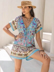 Rusttydustty Women's Purple Deep V-Neck Bow Tie Sleeveless Jumpsuit, Modern Bohemian Style, Natural Casual Vintage Print, Suitable For Tropical Holiday, Beach Picnic, Music Festival, Tropical Vacation, Etc. - Blue - View 1