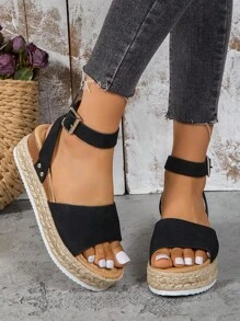 1 Pair Women's Fashion Thick-Sole Sandals With Buckle Design, Woven Thick Sole For Comfort, Suitable For Summer Daily Wear, Casual And Commuting, Fashionable And Practical Platform Sandals - Black - View 3
