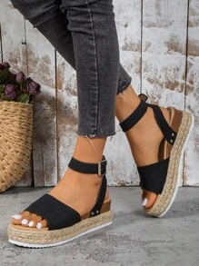 1 Pair Women's Fashion Thick-Sole Sandals With Buckle Design, Woven Thick Sole For Comfort, Suitable For Summer Daily Wear, Casual And Commuting, Fashionable And Practical Platform Sandals - Black - View 4