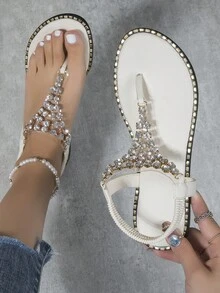 Women's Fashionable Rhinestone Decorated Flat Sandals With Toe Ring - Beige - View 2