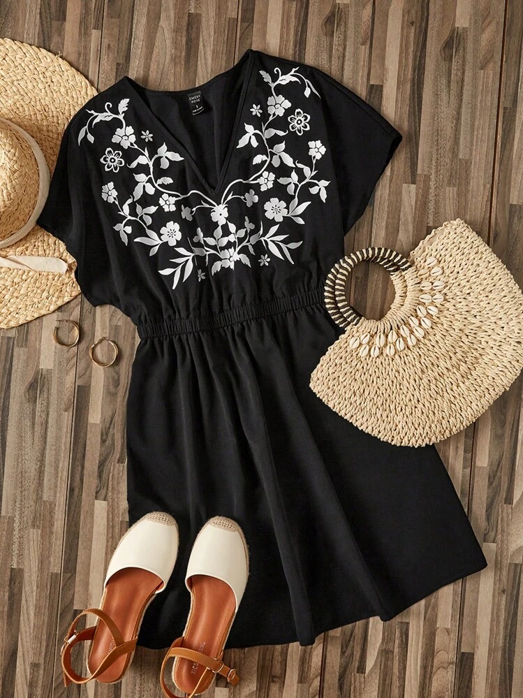 farm rio white embroidered dress VERO MODA Black Embroidered Cotton Dress