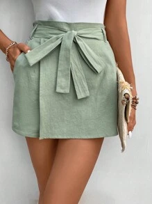 SHEIN Frenchy Women's Striped Printed Wrap Over Belted Knot Shorts  Commute Minimalist Office  Old Money Simple  Cotton Summer Green Casual Christmas