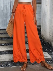 Breezaya Laser Cut Scallop Trim Wide Leg Trousers - Orange - View 1