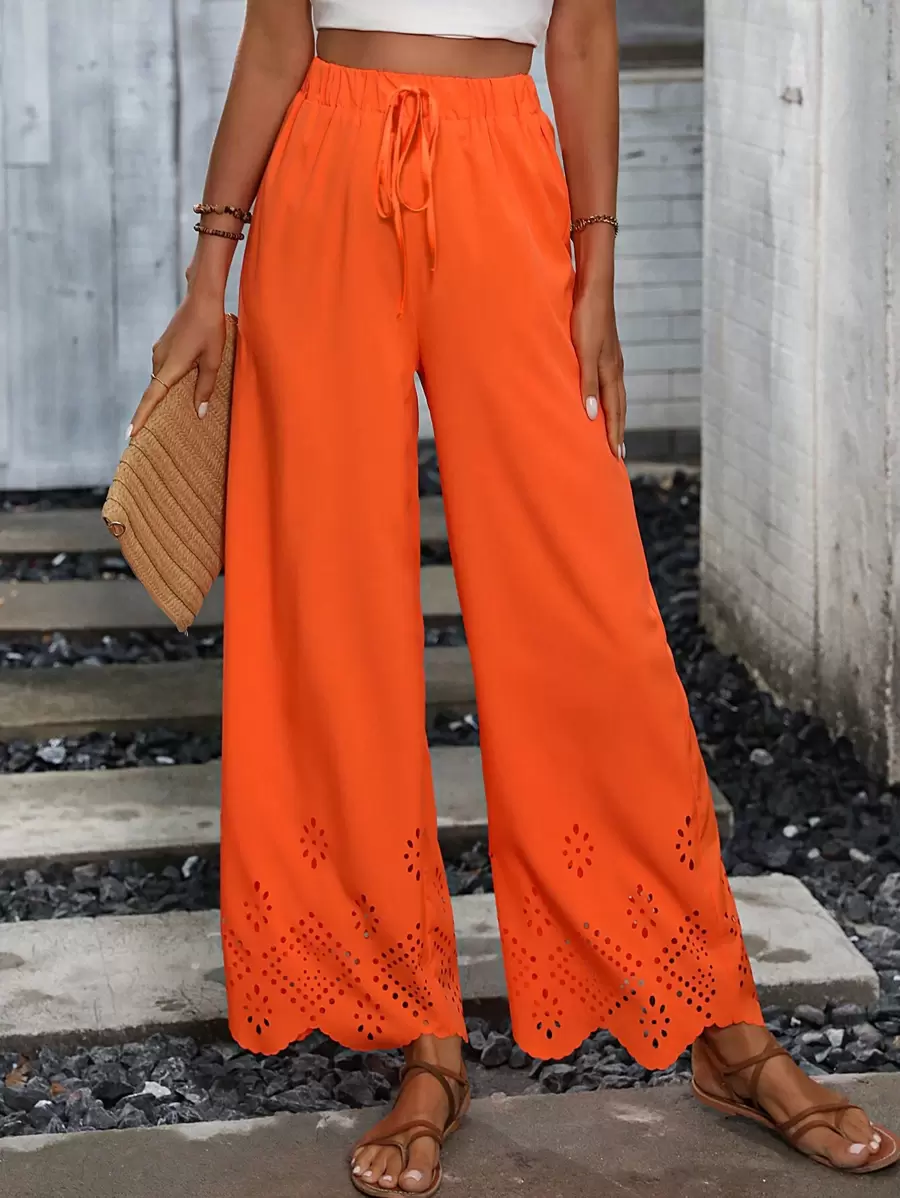 Breezaya Laser Cut Scallop Trim Wide Leg Trousers - Orange - View 1