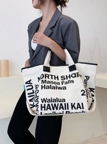 撞色字母圖案購物袋適用於郊遊 - 藍色 - 查看 1