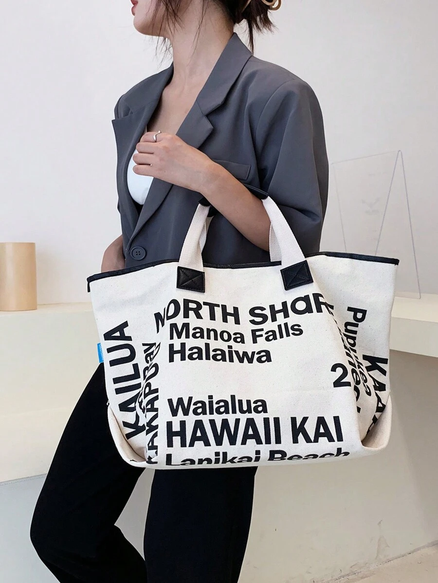 撞色字母圖案購物袋適用於郊遊 - 藍色 - 查看 1