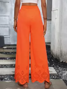Breezaya Laser Cut Scallop Trim Wide Leg Trousers - Orange - View 2
