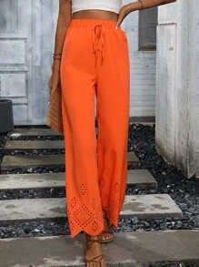 Breezaya Laser Cut Scallop Trim Wide Leg Trousers - Orange - View 3