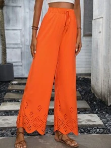 Breezaya Laser Cut Scallop Trim Wide Leg Trousers - Orange - View 4
