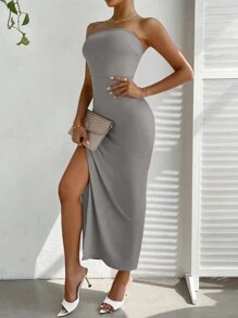 SHEIN Privé One Shoulder Split Thigh Dress - Light Grey - View 5