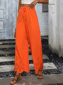Breezaya Laser Cut Scallop Trim Wide Leg Trousers - Orange - View 5