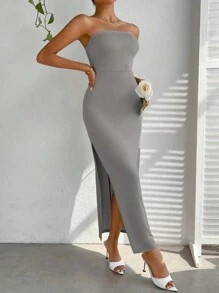 SHEIN Privé One Shoulder Split Thigh Dress - Light Grey - View 7